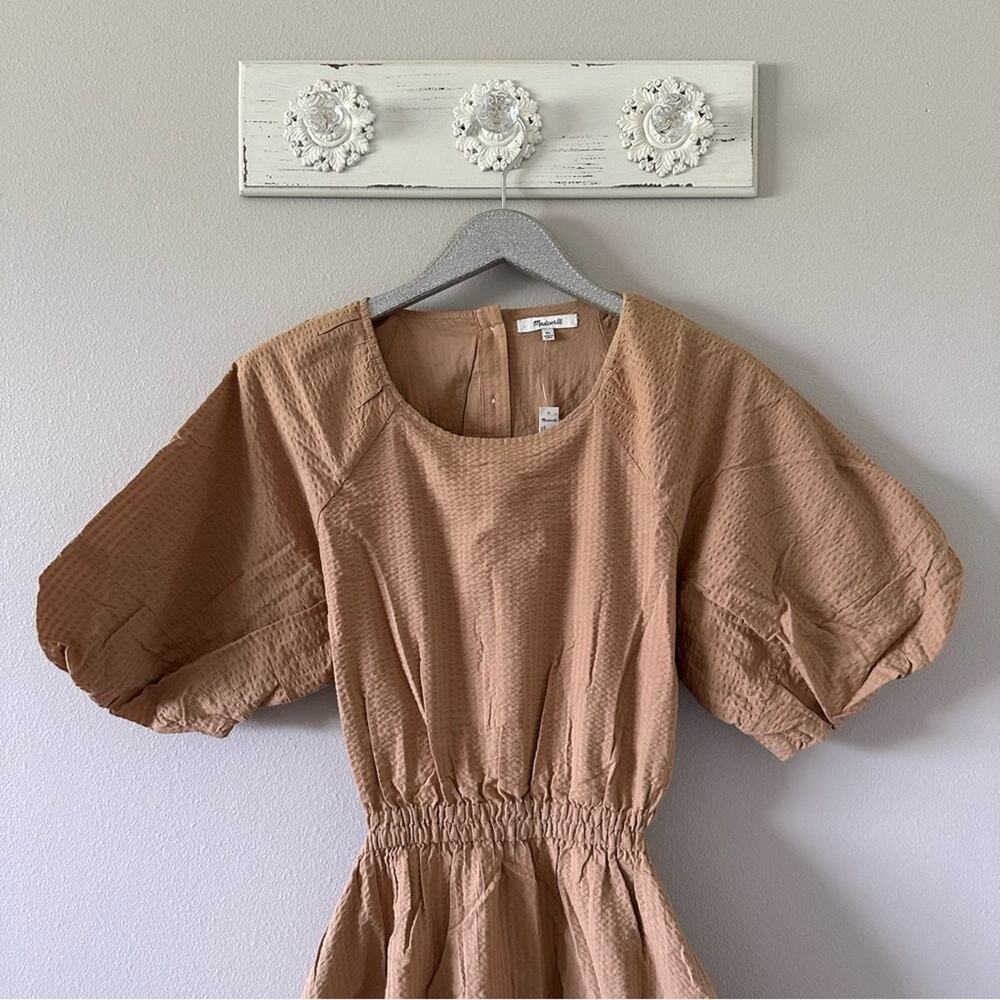 Madewell Seersucker Puff-Sleeve Cutout Mini Dress in Seed Khaki Style NF870 NEW - Picture 2 of 9